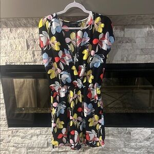 Halogen Black and Yellow Mini Sundress with V-neck and Short Sleeves